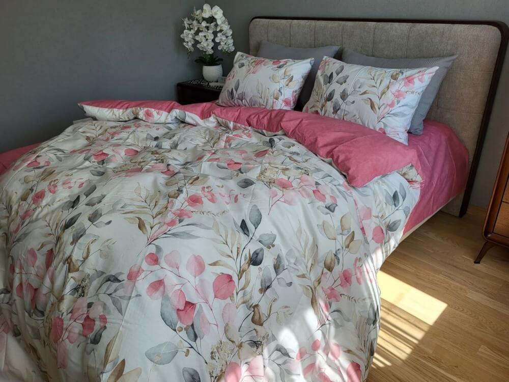 нежное постельное белье турецкий коттон с розовыми и серыми листиками фото 1