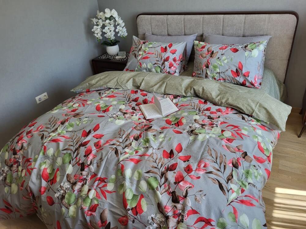 турецкое постельное белье красные листики на сером фоне фото 1