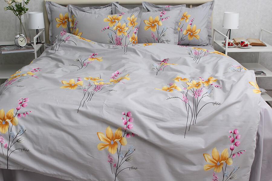 серое постельное белье с оранжевыми цветами турецкий коттон фото 1