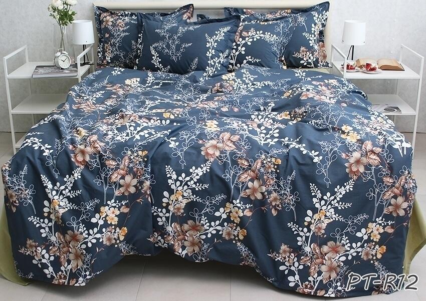 темно-синее постельное белье с белыми и коричневыми цветами фото 1