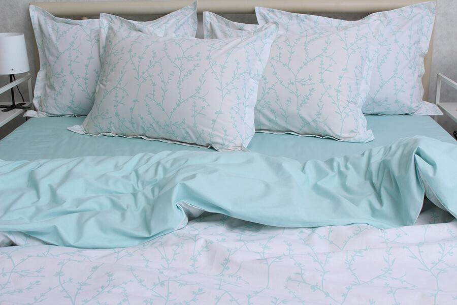 постельное белье турецкий коттон белое с мятными веточками фото 1