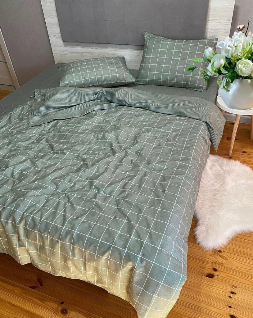 постельное белье сатин оливкового цвета в клетку фото 1