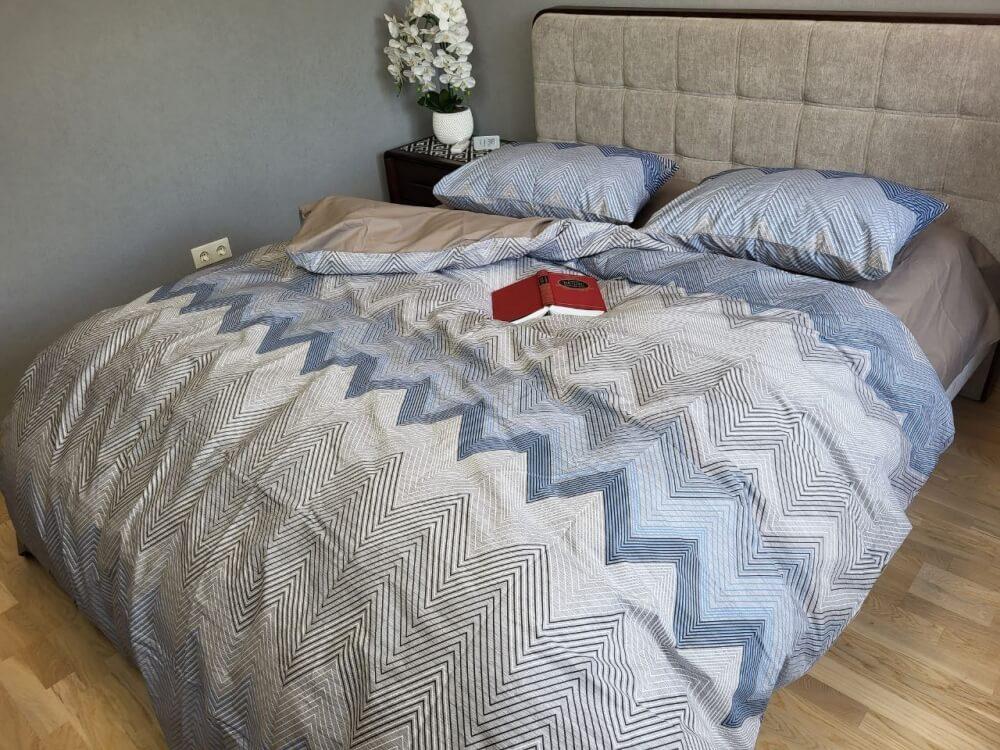 постельное белье коттон бежево-синее с рисунком зигзаги фото 1