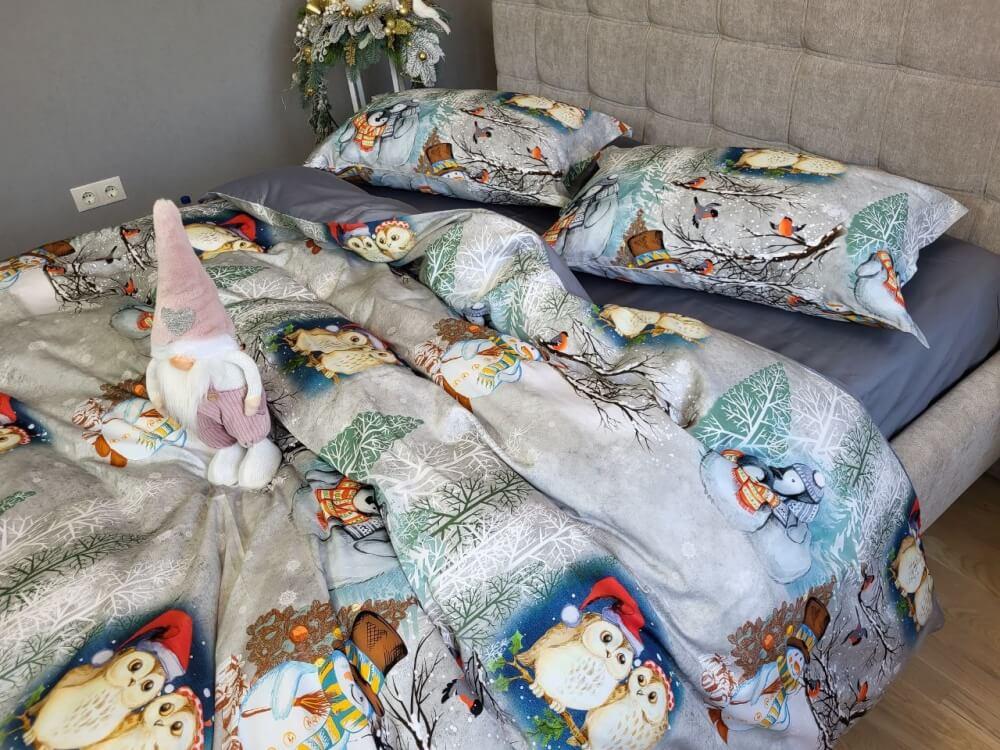 новогоднее постельное белье сатин с совами, снеговиками и птицами фото 1