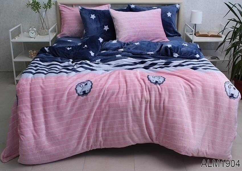 велюровое постельное белье сине-розового цвета в полосатый узор со звездами фото 1