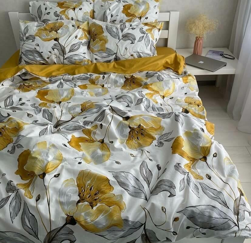 турецкое постельное белье ранфорс люкс с горчичными цветами и серыми листьями фото 1
