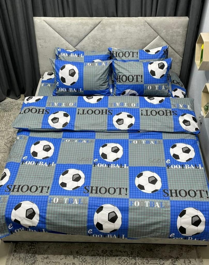 постельное белье серо-синего цвета с футбьольныим мячами shoot фото 1