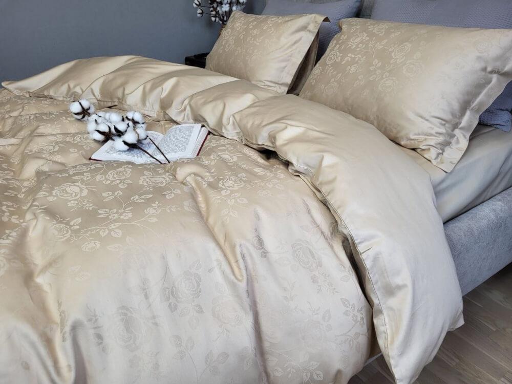 постельное белье сатин жаккард бежевого цвет с розами фото 1