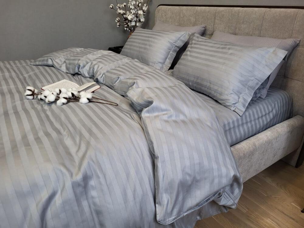 серебрянное постельное белье страйп-сатин широкая полоска 2*2 фото 1