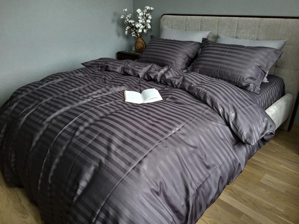 постельное белье страйп-сатин графитового цвета широкая полоска 2*2 фото 1
