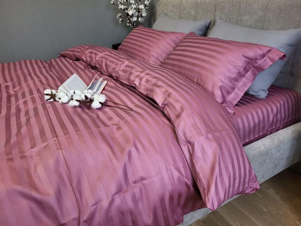 темно-розовое постельное белье страйп-сатин широкая полоска 2*2 фото 1