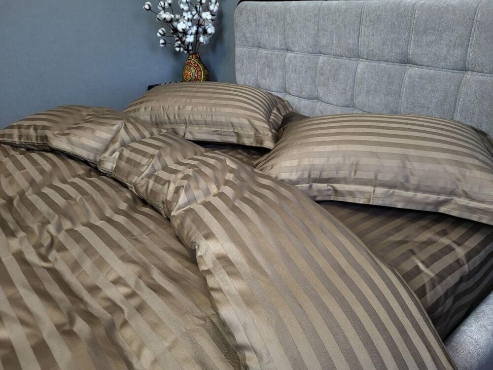 постельное белье страйп-сатин темно-бежевого цвета широкая полоска 2*2 фото 1