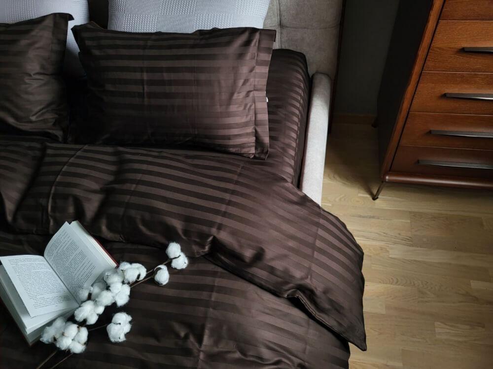 постельное белье страйп-сатин темно-коричневого цвета широкая полоска 2*2 фото 1