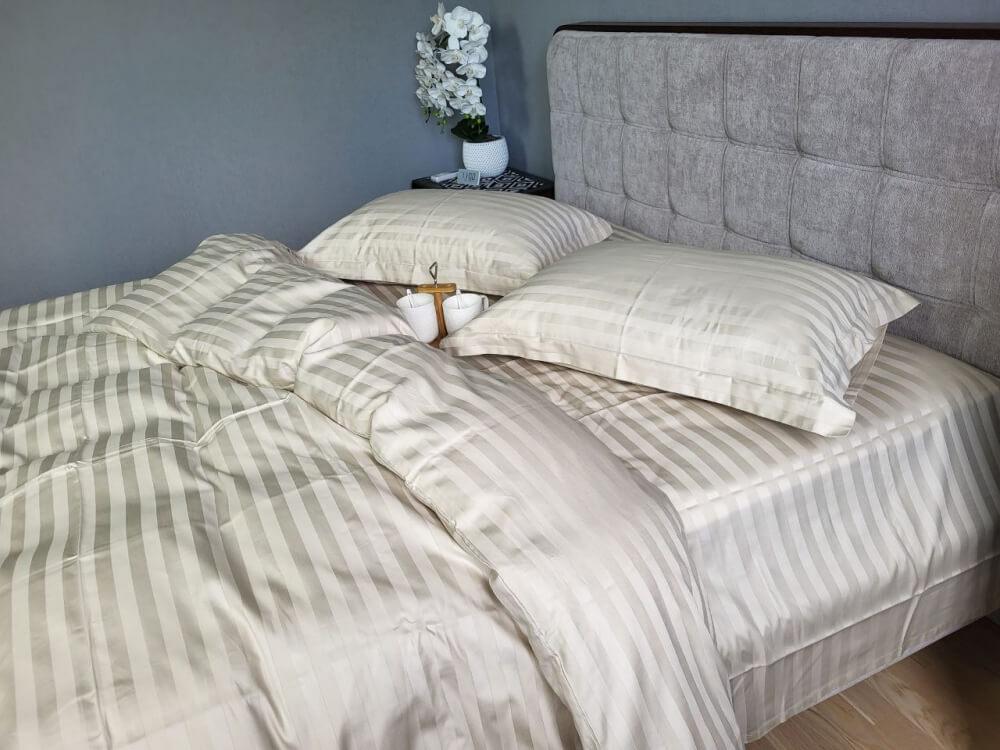 постельное белье страйп-сатин светло-бежевого цвета широкая полоска 2*2 фото 1