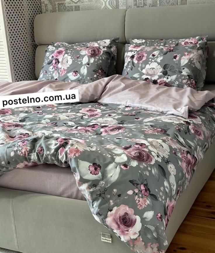 постельное белье сатин серого цвета с розовыми розами фото 1