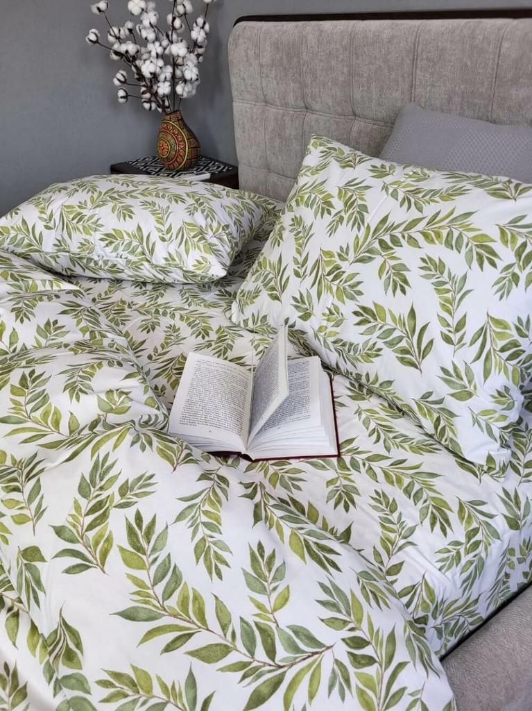 постельное белье ранфорс с зелеными листьями фото 1