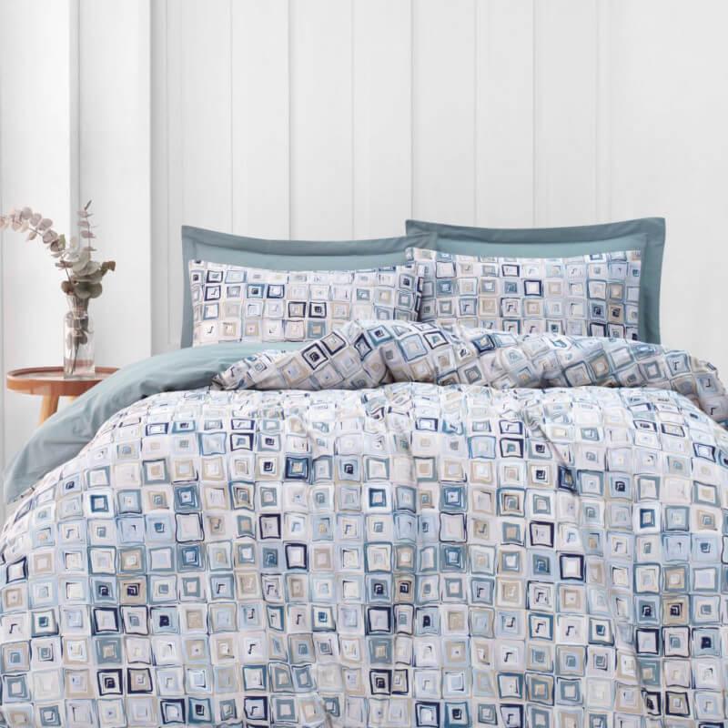 постельное белье ранфорс в мелкий квадратик синего цвета с серо-бежевым фото 1