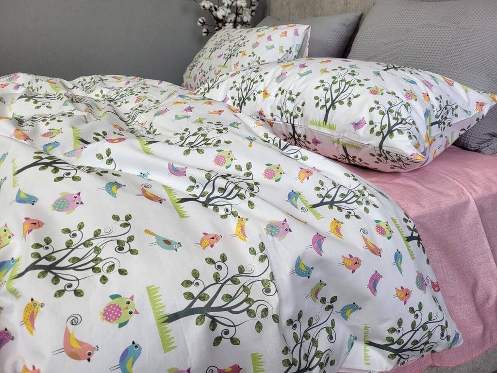 постельное белье ранфорс с милыми птичками и розовой простыней фото 1