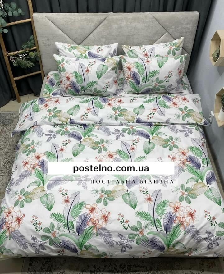 постельное белье с зелеными листьями и бежевыми цветами