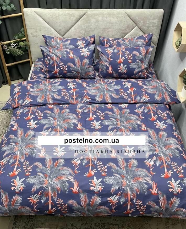 постельное белье синего цвета с пальмами