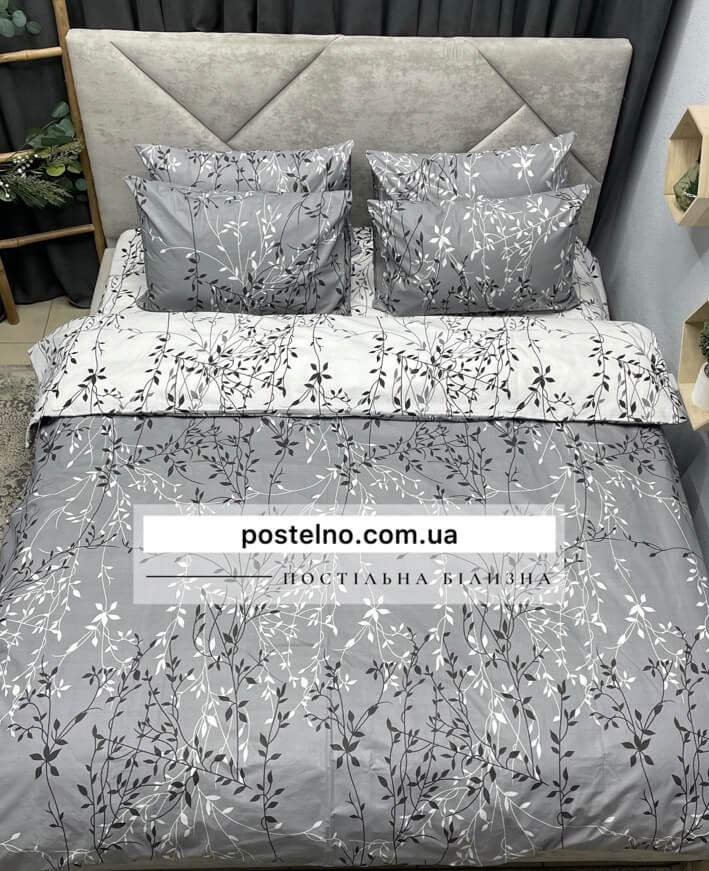 постельное белье серого цвета с мелкими черными и белыми листиками