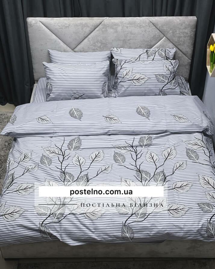 серое постельное белье в полоску с листиками