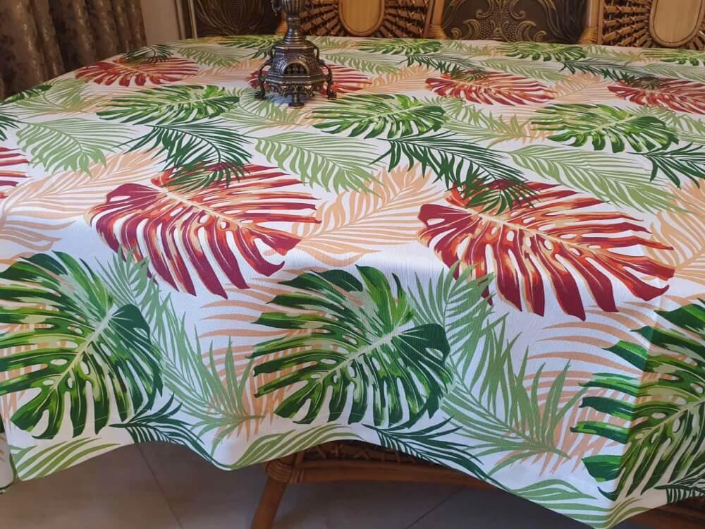 тефлоновая скатерть водоотталкивающая на овальный стол с листьями монстеры фото 1