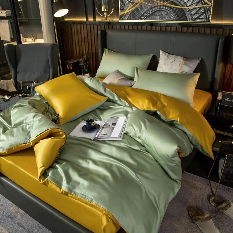 постельное белье сатин фисташково-золотого цвета