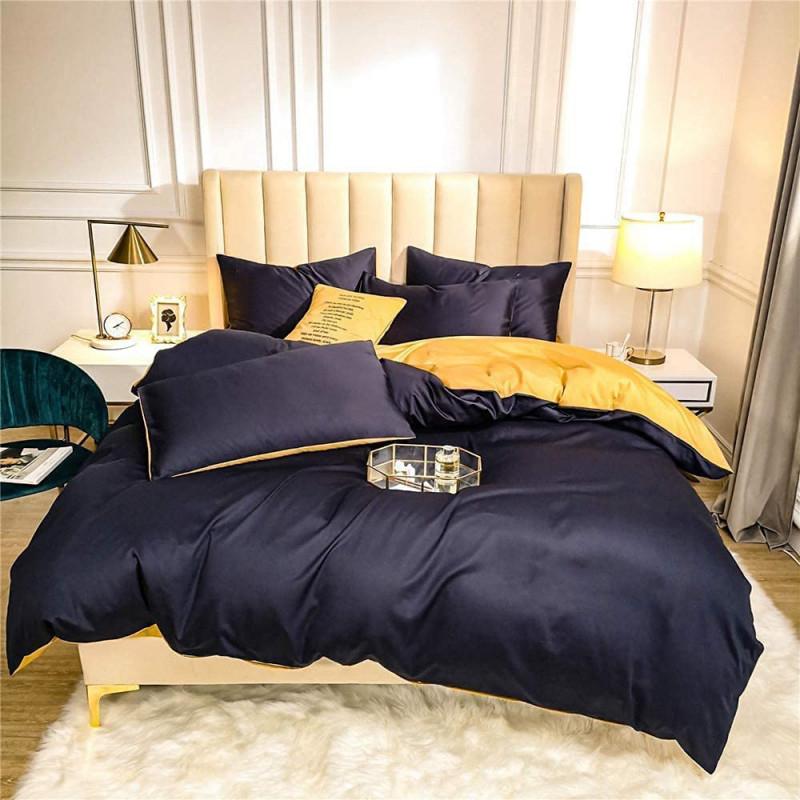 однотонное постельное белье сатин темно-синего цвета в комбинации с золотым