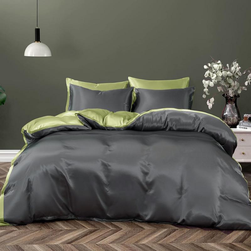 однотонное постельное белье сатин графитового цвета в сочетании с фисташковым
