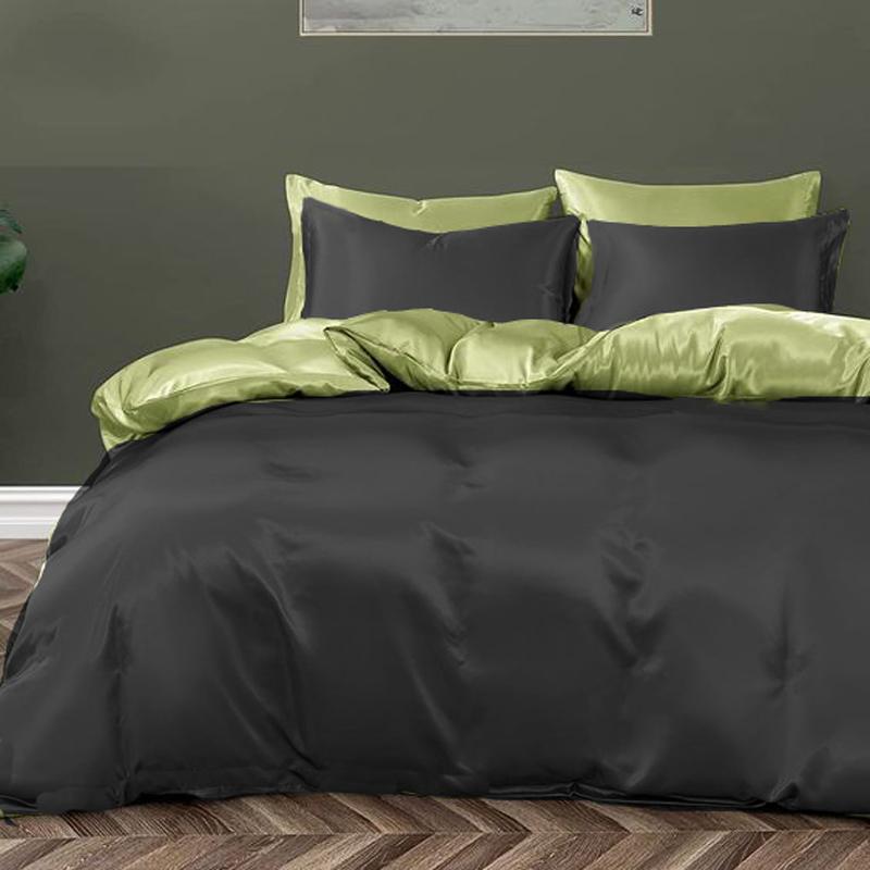 однотонное постельное белье сатин черно-фисташкового цвета