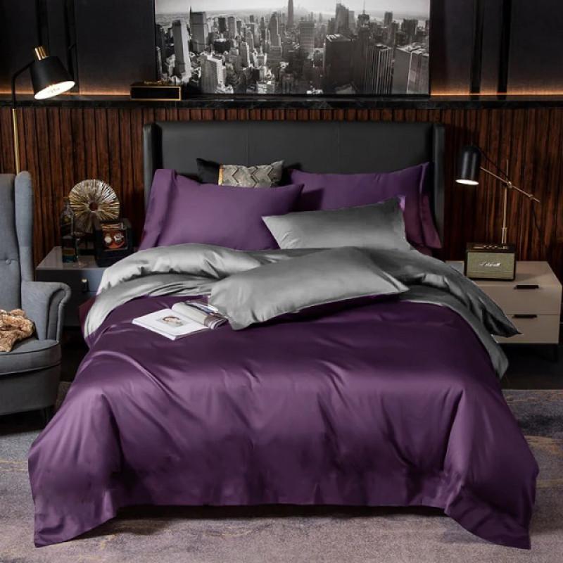 однотонное постельное белье сатин фиолетового цвета комби с серым
