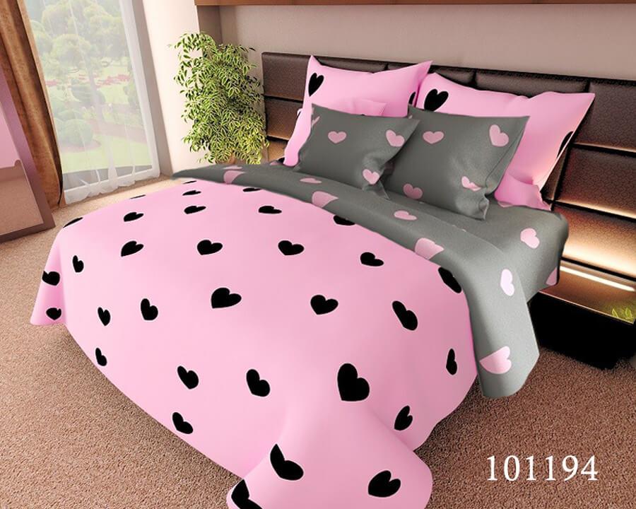 розово-серое постельное белье с черными сердечками