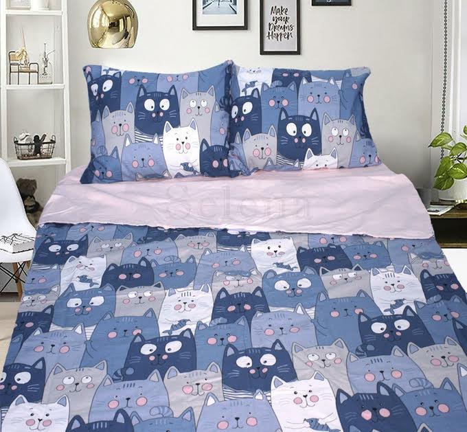 Сине-розовое постельное белье с котиками фото 1