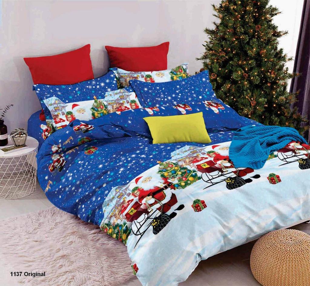 новогоднее постельное белье с дедом морозом и санями с подарками на синем фоне