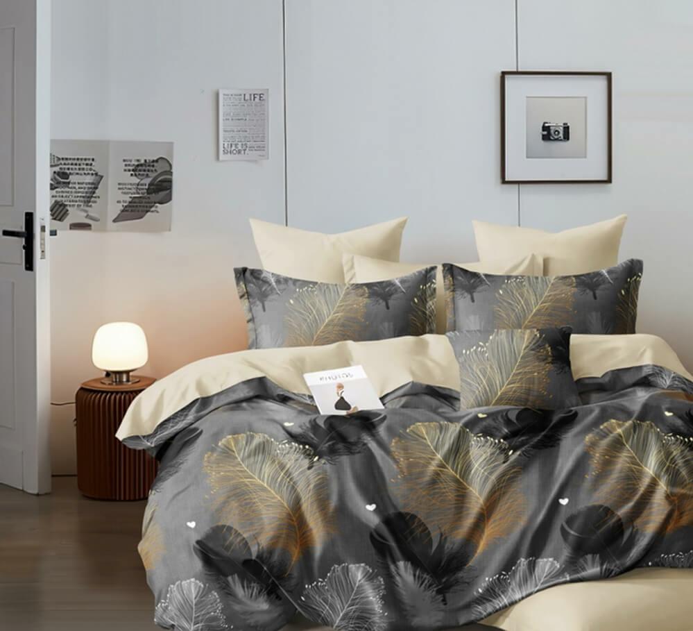 постельное белье ранфорс крупные перья на сером фоне фото 1