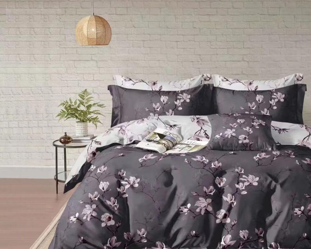 постельное белье ранфорс серого цвета с веточками магнолии фото 1