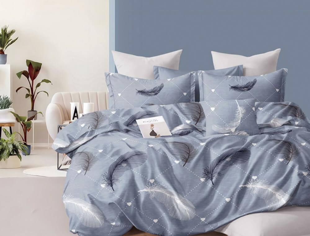 постельное белье ранфорс серо-голубого цвета с перьями фото 1
