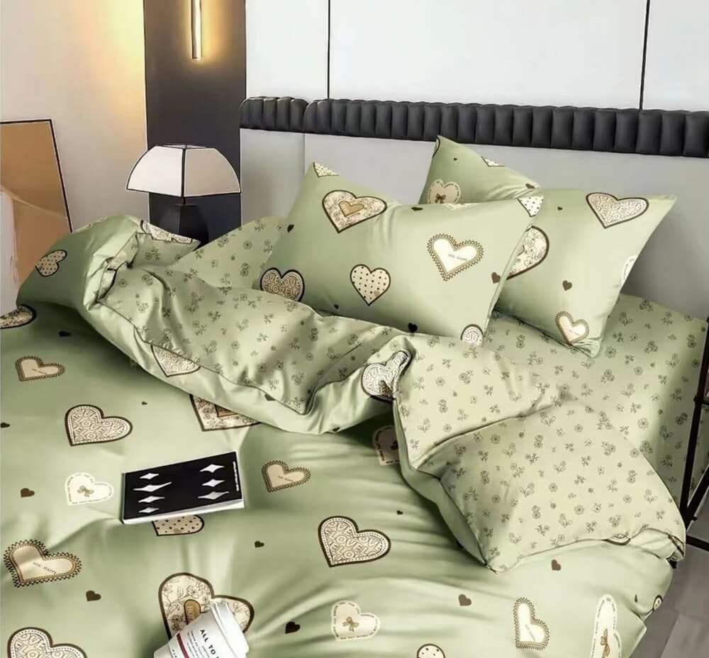 постельное белье сатин фисташкового цвета с сердечками фото 1