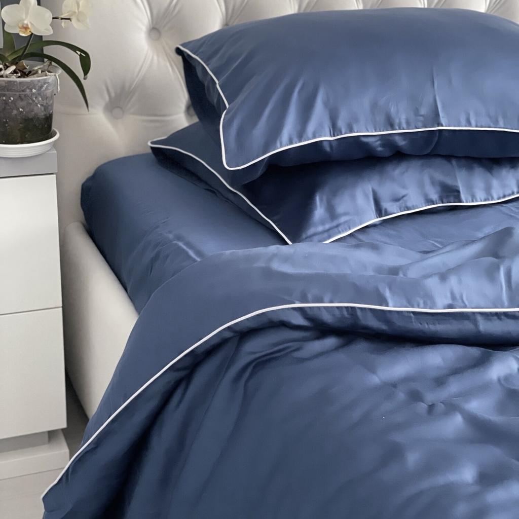 постельное белье сатин синего цвета с кантом фото 1