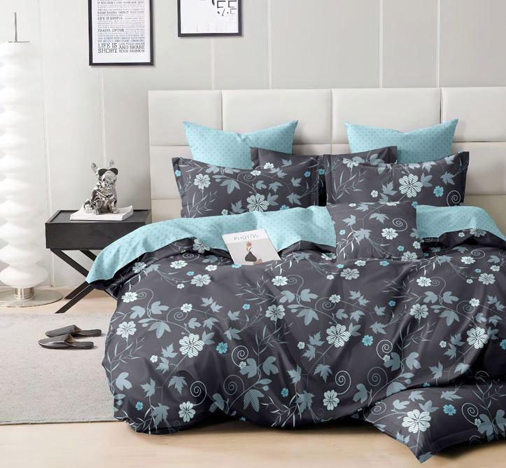 постельное белье бязь с голубыми цветами на графитовом фоне