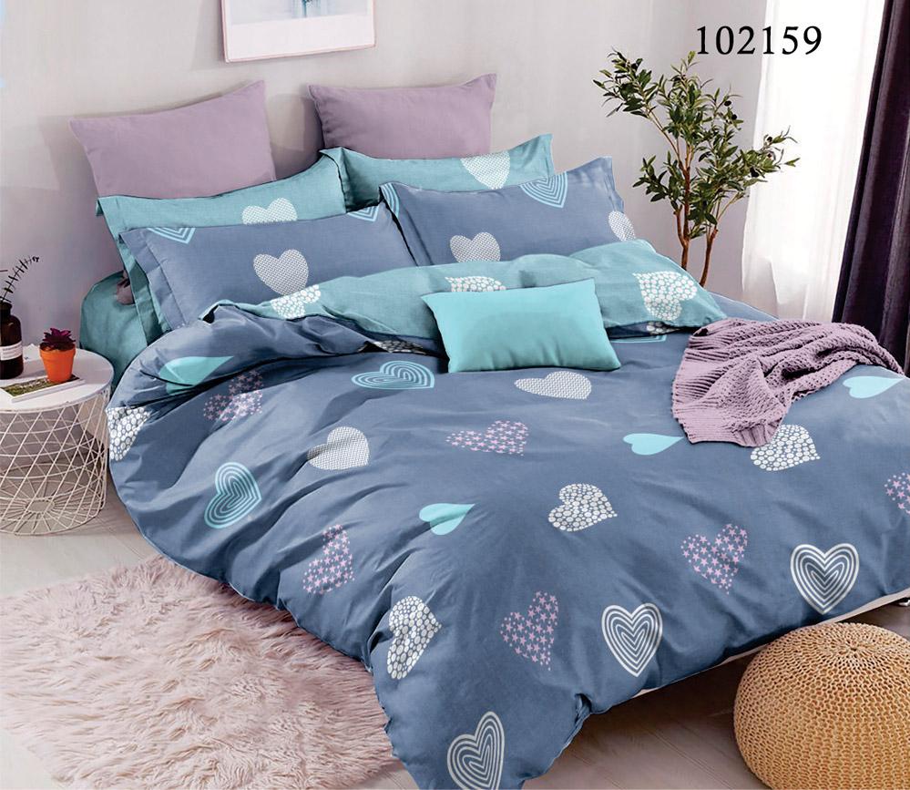 постельное белье синего цвета с белыми, розовыми и голубыми сердечками