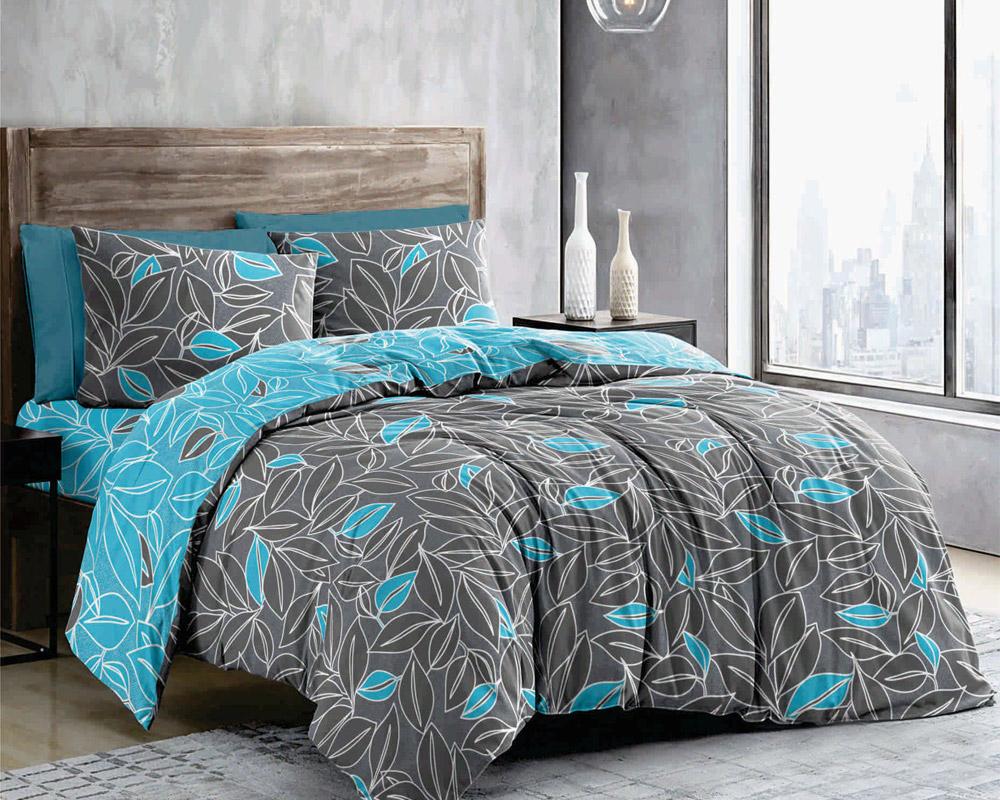 постельное белье серого цвета с бирюзовыми листиками