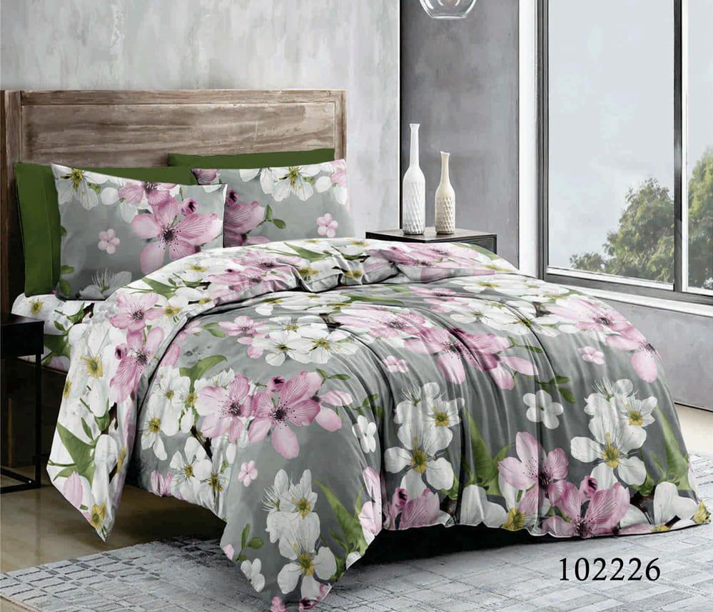 постельное белье серого цвета с фиолетовыми и белыми цветами