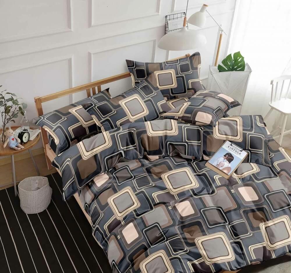 коричнево-серое геометрическое постельное белье с квадратами фото 1