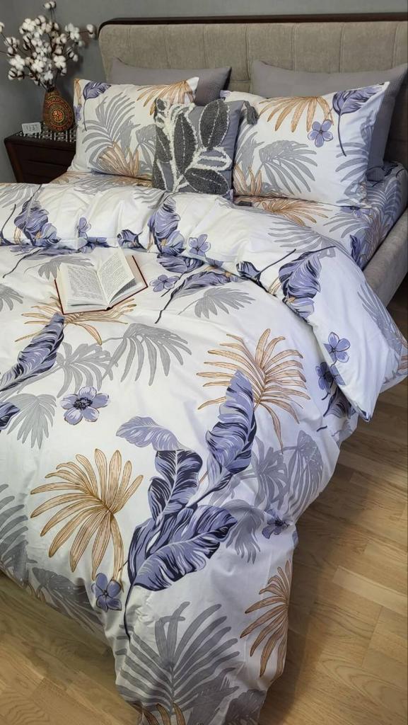 постельное белье бязь премиум с крупными серыми и бежевыми листьями фото 1