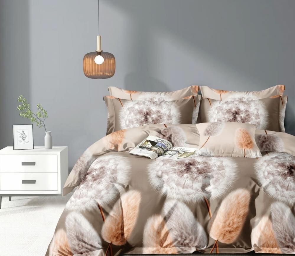 коричневое постельное белье сатин с одуванчиками