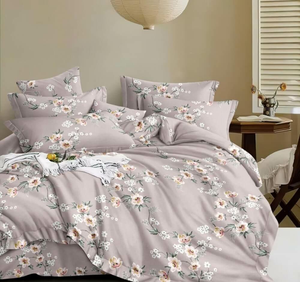 постельное белье ранфорс серо-бежевого цвета с цветами