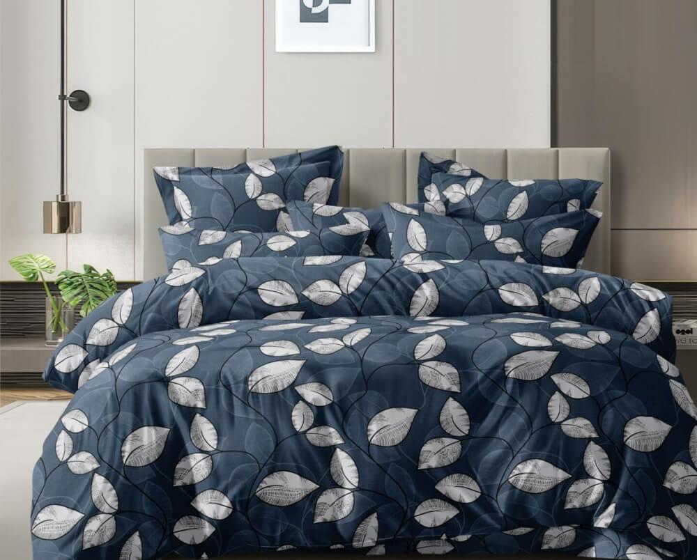 постельное белье ранфорс сине-графитового цвета с лиственным рисунком фото 1