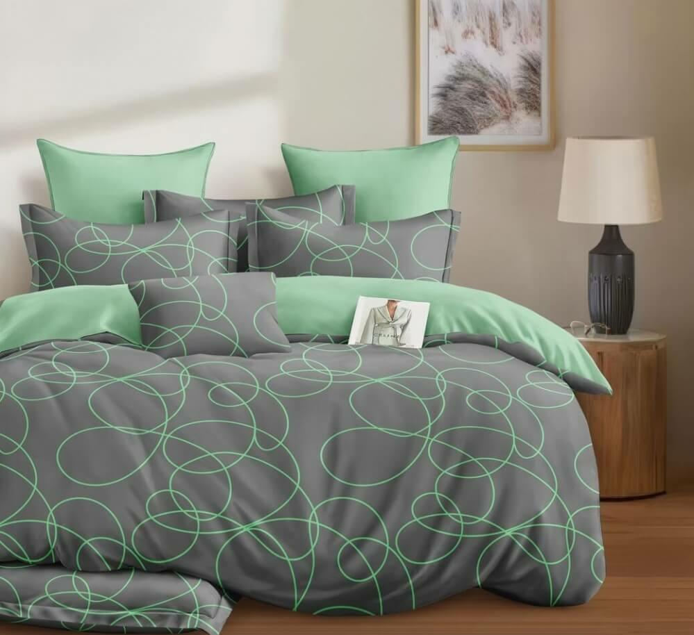постельное белье ранфорс серо-салатового цвета с рисунком в виде линии-спирали фото 1